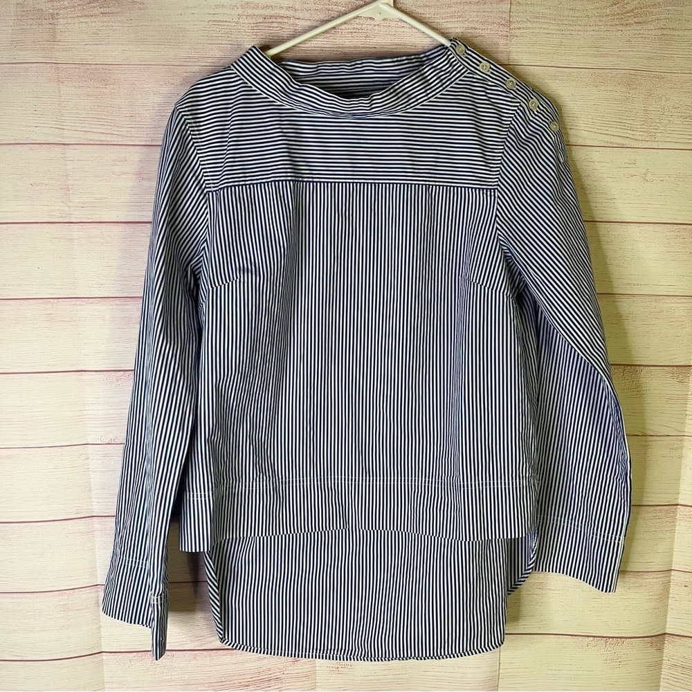J.Crew 100% Cotton Striped Funnelneck High Low Hem Button‎ Shoulder Shirt Size 6